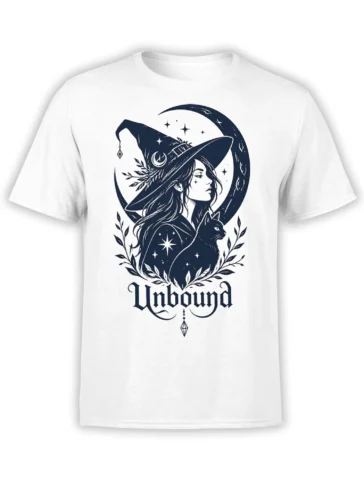 White T-shirt with a navy moonlit witch, cat companion, stars, leaves, and Unbound lettering