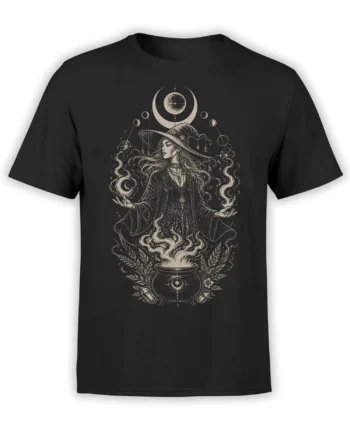 Vintage occult witch T-shirt in black with moon phases, smoky cauldron, crystals, and cream celestial artwork