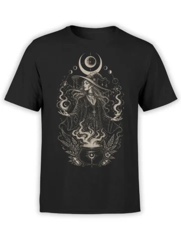 Vintage occult witch T-shirt in black with moon phases, smoky cauldron, crystals, and cream celestial artwork