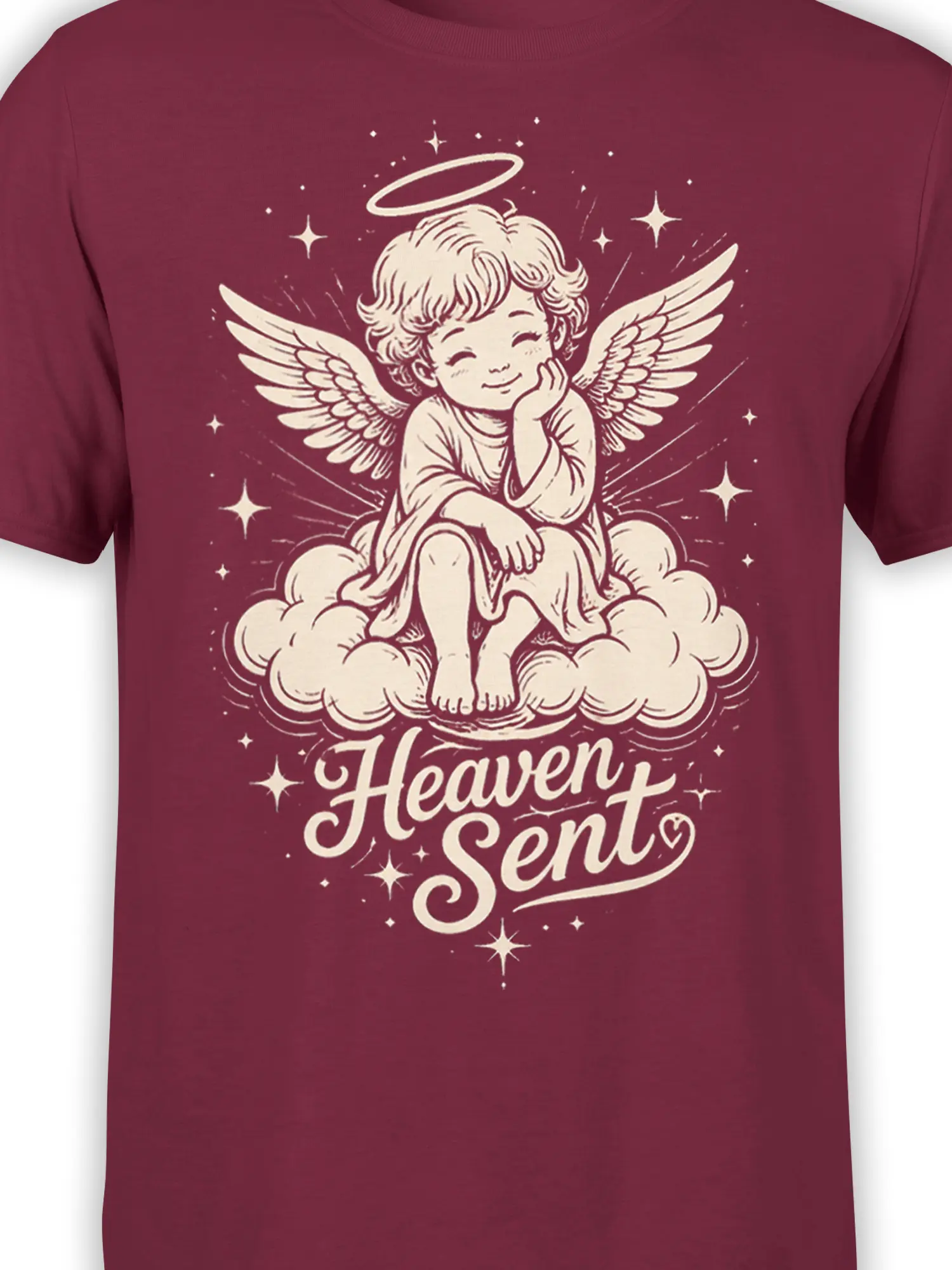 Close-up of the Heaven Sent cherub design with angel wings, halo, clouds, stars, and cream lettering