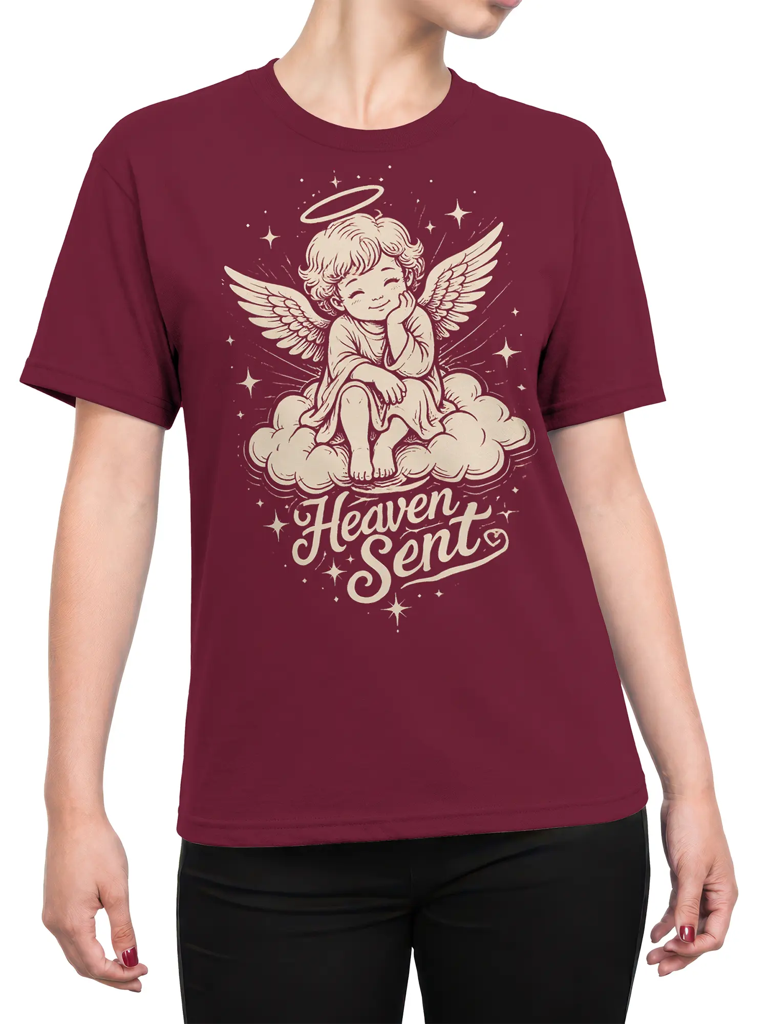 Female torso wearing a burgundy Heaven Sent cherub T-shirt with angel wings, clouds, stars, and halo artwork