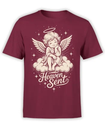 Heaven Sent cherub angel graphic tee with wings, halo, clouds, and stars on a burgundy shirt