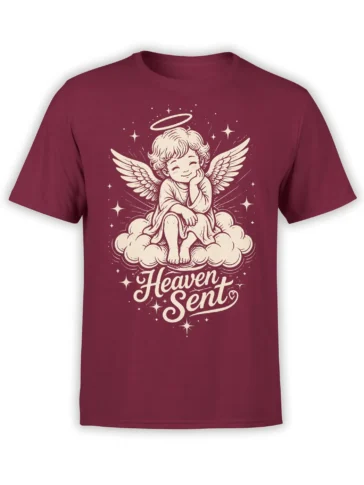 Heaven Sent cherub angel graphic tee with wings, halo, clouds, and stars on a burgundy shirt