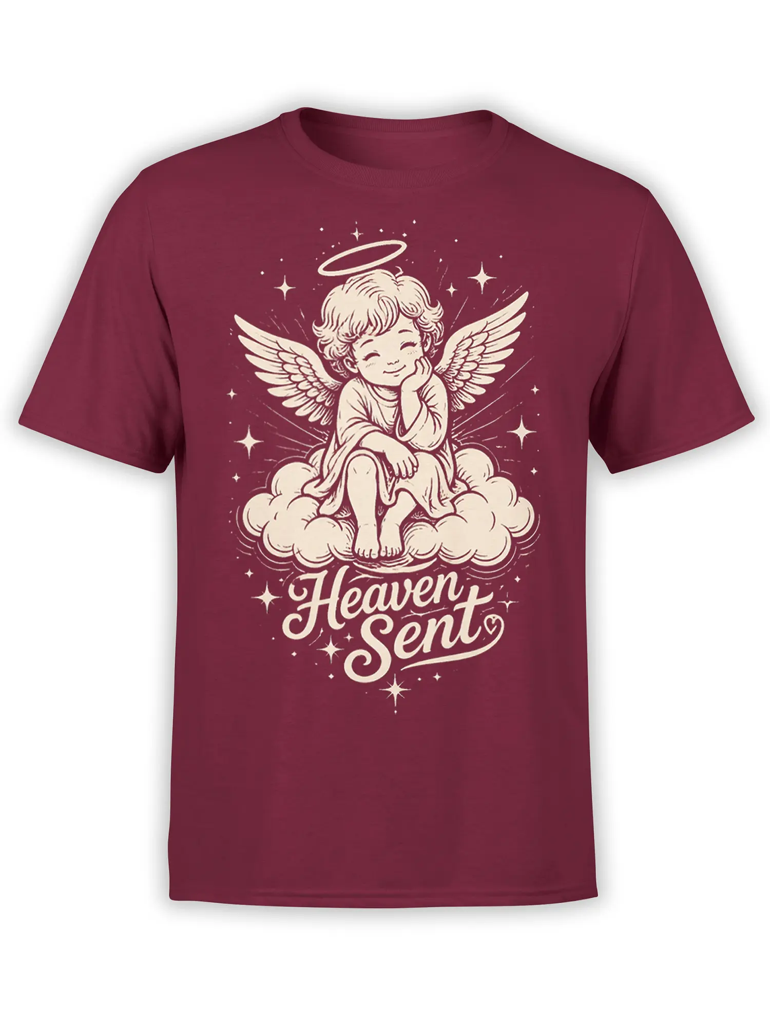 Heaven Sent cherub angel graphic tee with wings, halo, clouds, and stars on a burgundy shirt