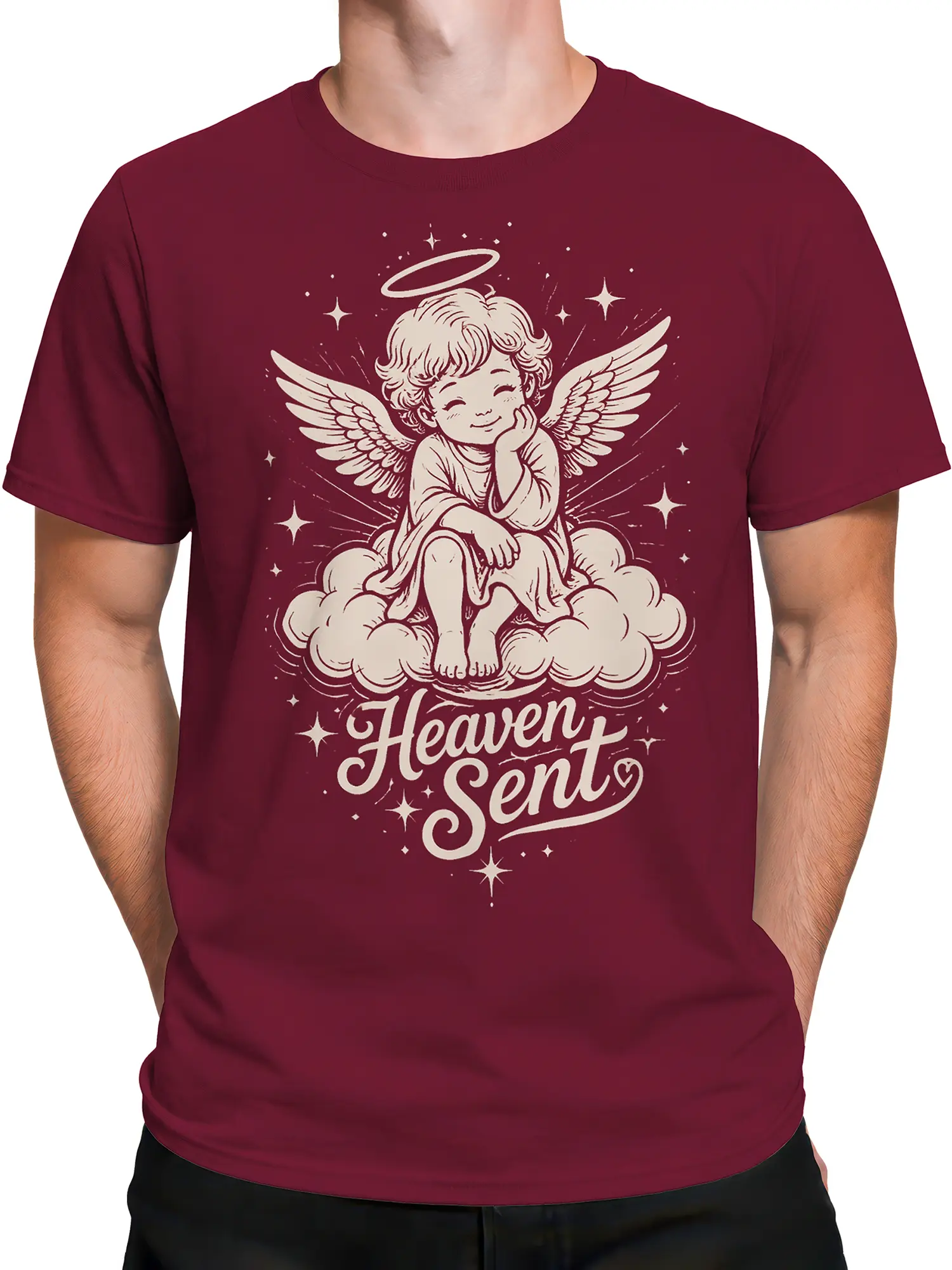 Male torso wearing a burgundy Heaven Sent angel T-shirt with a winged cherub, clouds, halo, and stars