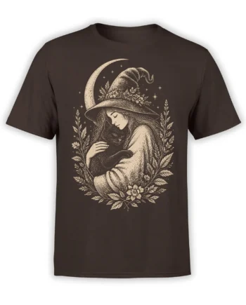 Dark brown cat T-shirt with a witch holding a black cat beneath a crescent moon and stars
