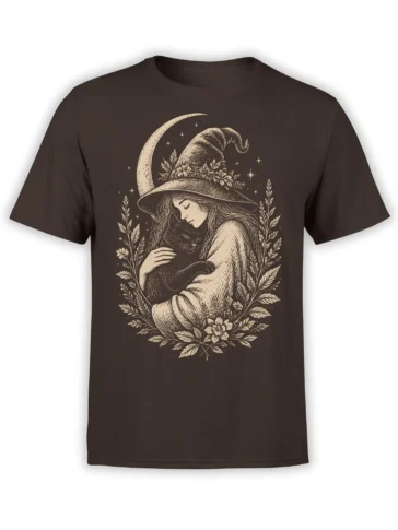 Dark brown cat T-shirt with a witch holding a black cat beneath a crescent moon and stars