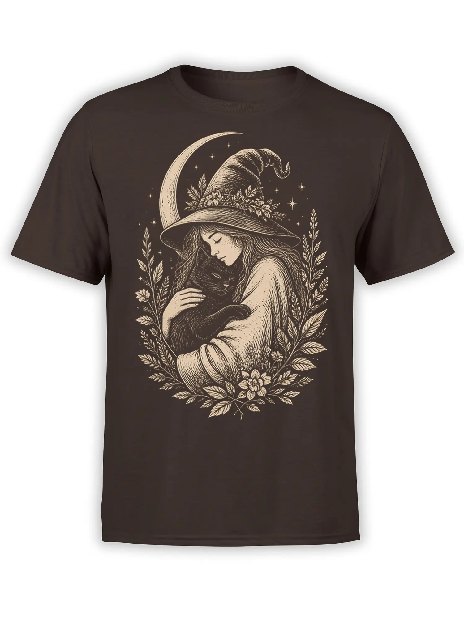 Dark brown cat T-shirt with a witch holding a black cat beneath a crescent moon and stars