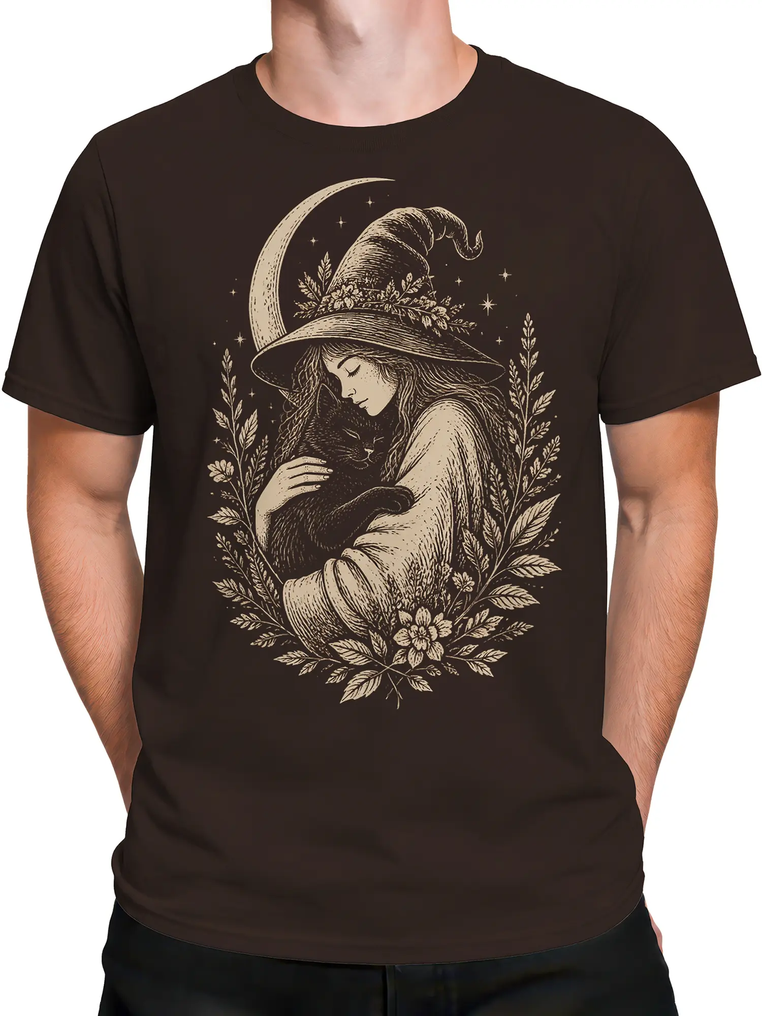 Male torso wearing a dark brown T-shirt with vintage witch and black cat artwork