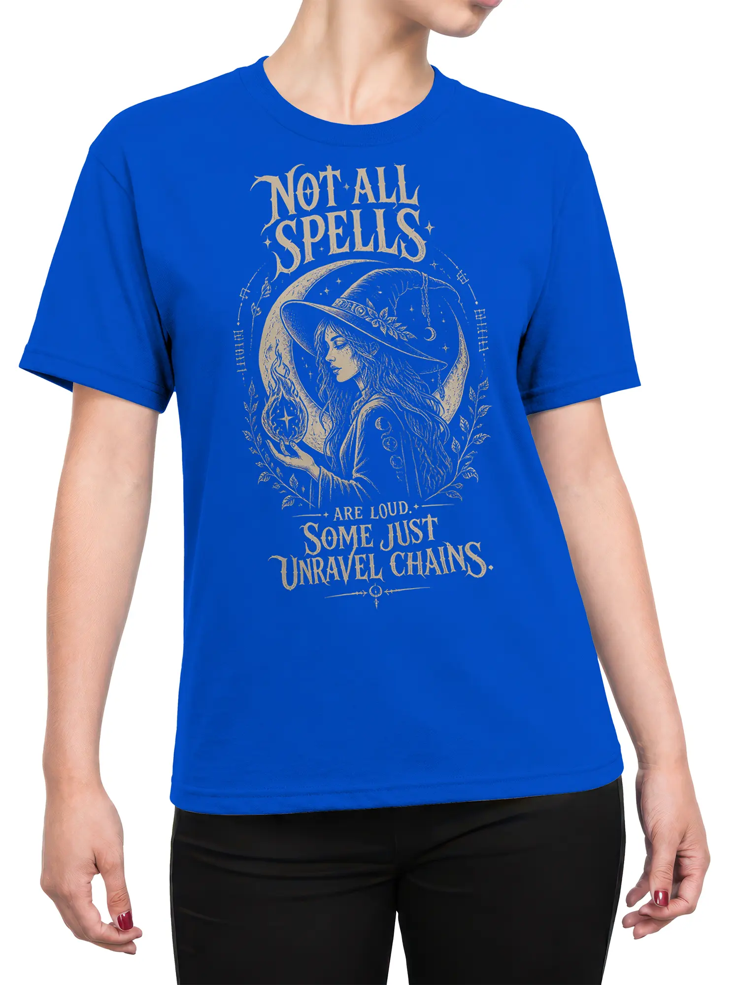 Female torso wearing a royal blue fantasy T-shirt with a mystical witch and crescent moon design