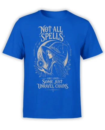 Royal blue fantasy T-shirt with a mystical witch, crescent moon, glowing flame, and vintage lettering