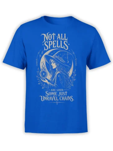 Royal blue fantasy T-shirt with a mystical witch, crescent moon, glowing flame, and vintage lettering