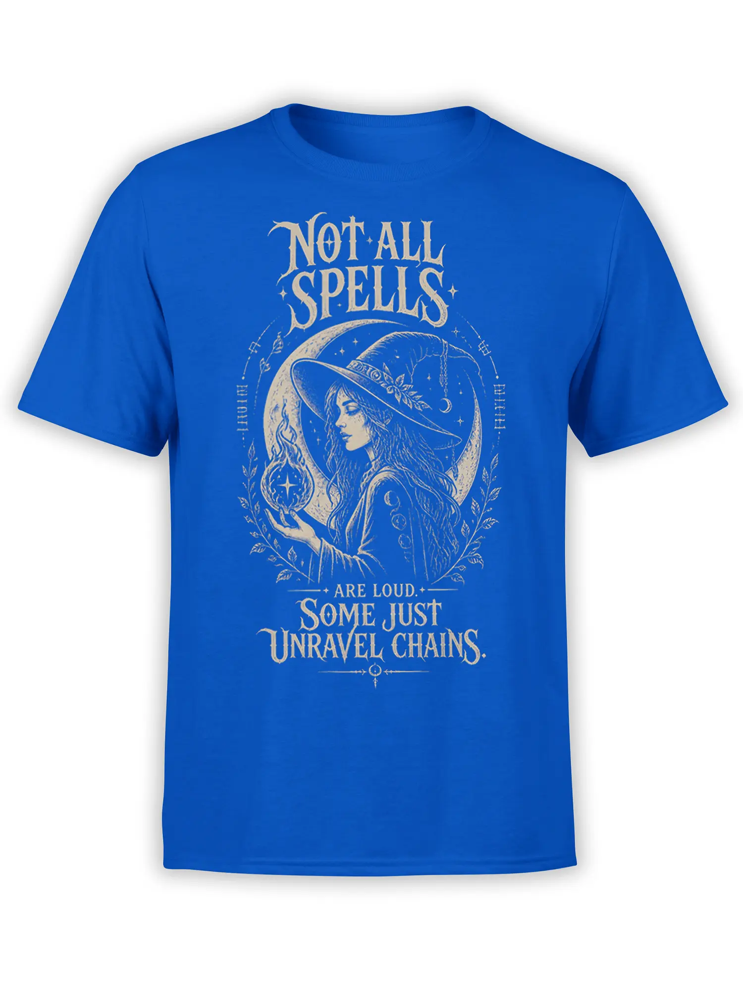 Royal blue fantasy T-shirt with a mystical witch, crescent moon, glowing flame, and vintage lettering