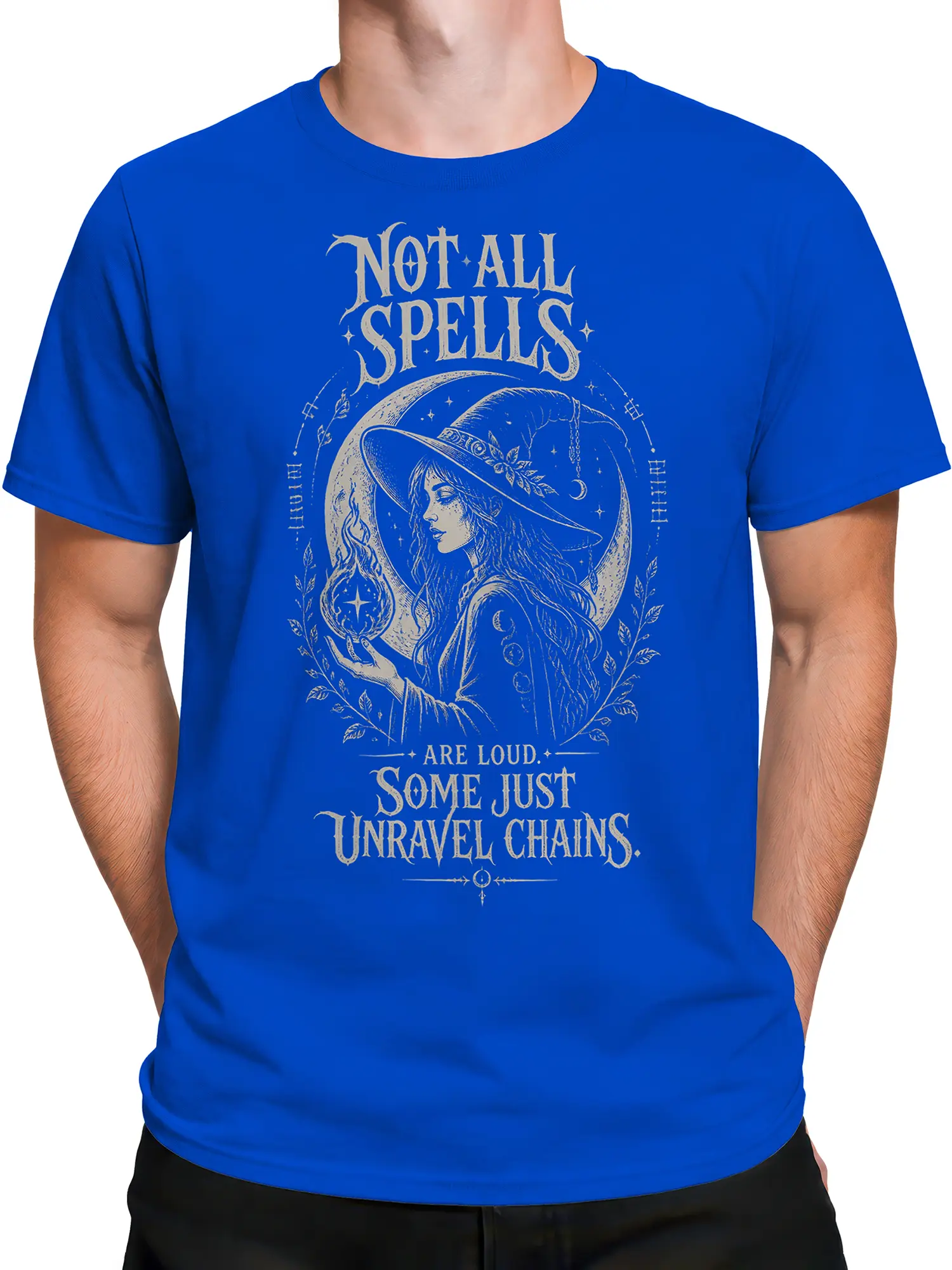 Male torso wearing a royal blue witch T-shirt with a crescent moon and glowing flame design