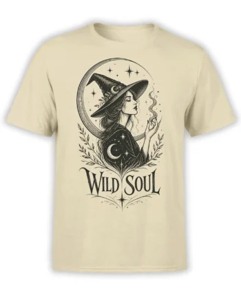 Wild Soul witch graphic T-shirt in beige with crescent moon, stars, leafy branches, and vintage lettering