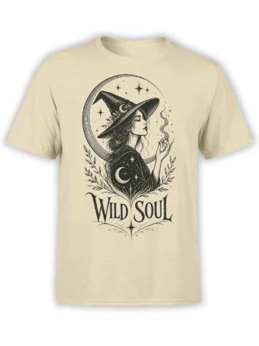 Wild Soul witch graphic T-shirt in beige with crescent moon, stars, leafy branches, and vintage lettering