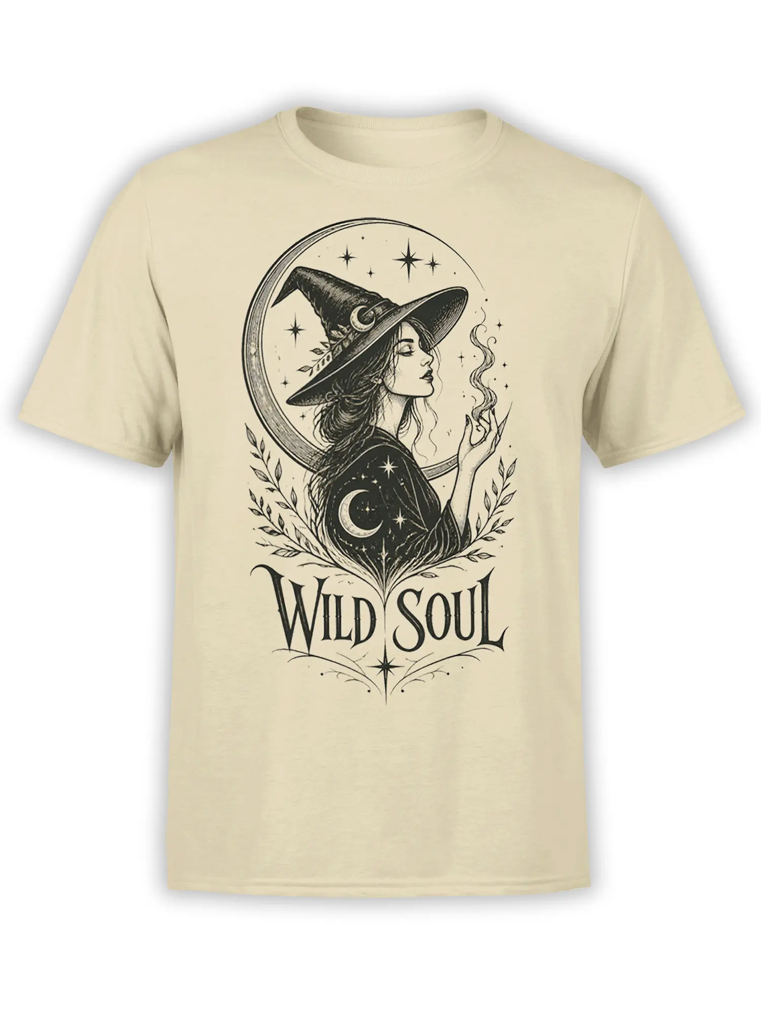Wild Soul witch graphic T-shirt in beige with crescent moon, stars, leafy branches, and vintage lettering