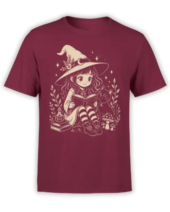 Young witch reading with a cat, books, potion bottle, stars, and mushrooms on a burgundy fantasy T-shirt