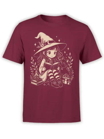 Young witch reading with a cat, books, potion bottle, stars, and mushrooms on a burgundy fantasy T-shirt
