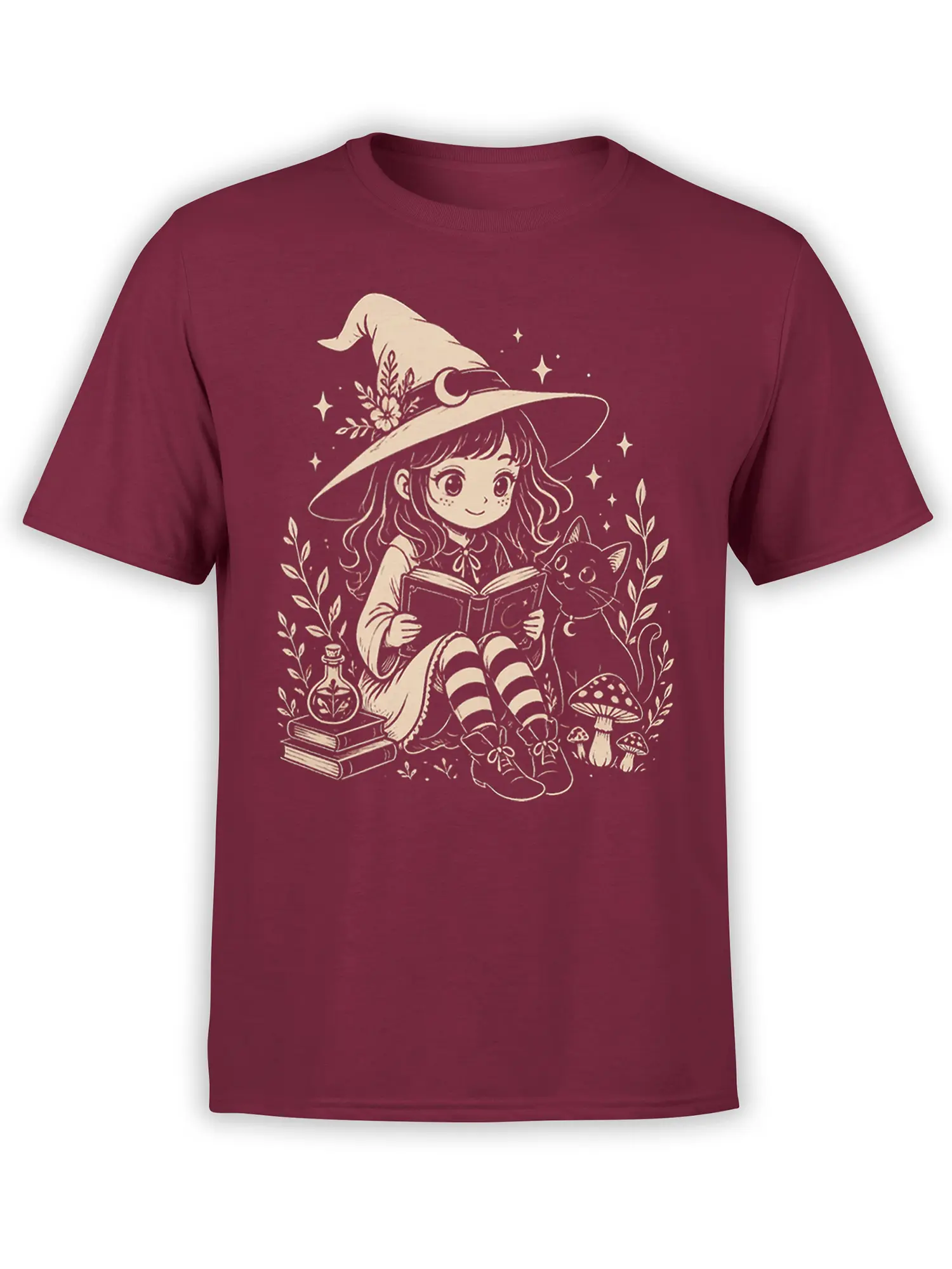 Young witch reading with a cat, books, potion bottle, stars, and mushrooms on a burgundy fantasy T-shirt