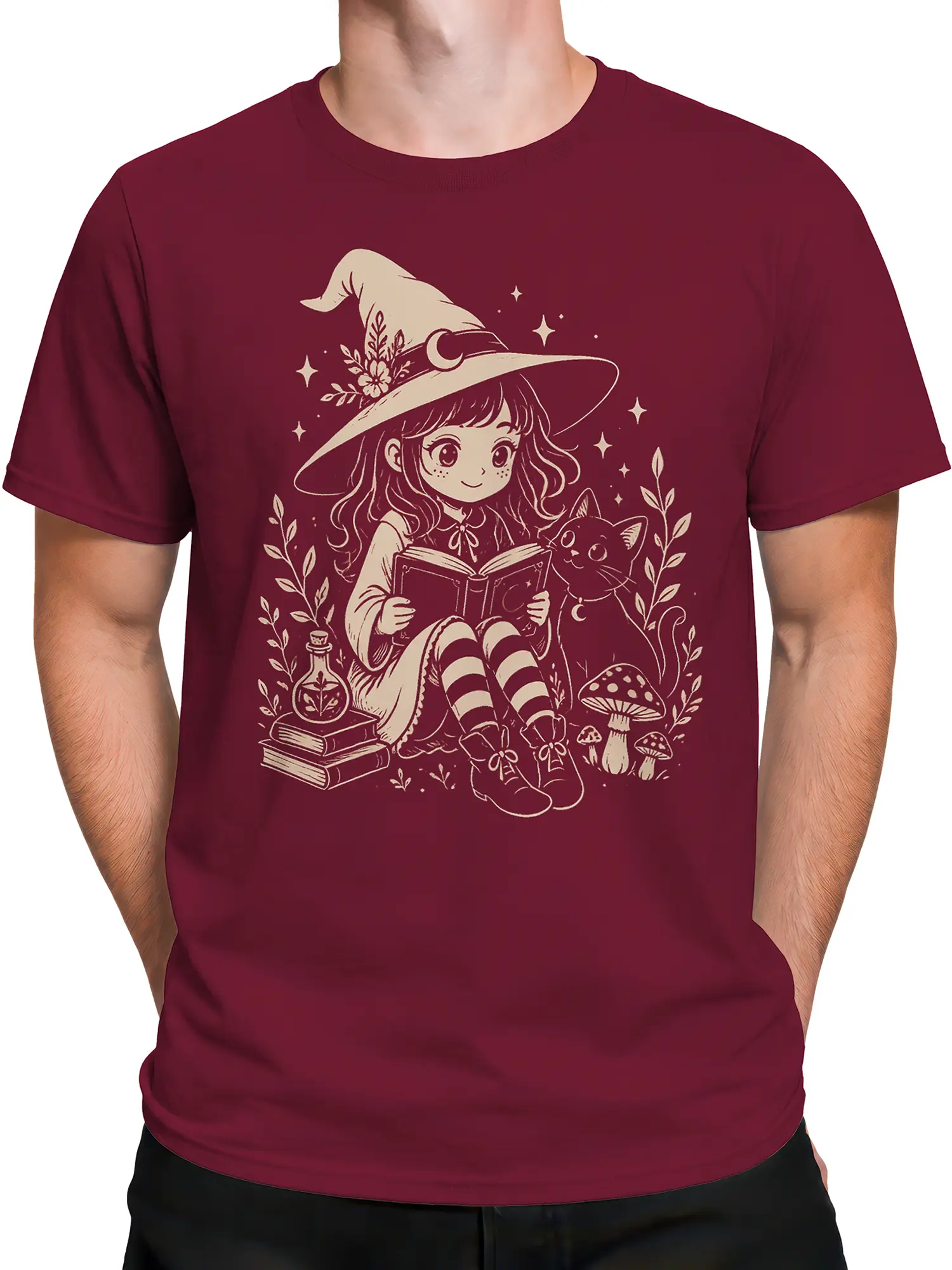 Male torso wearing a burgundy fantasy T-shirt with a witch and cat reading illustration