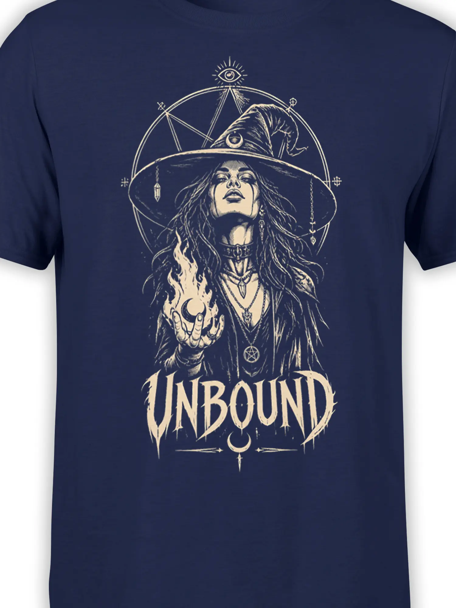 Close-up of the unbound witch design with flames, pentagram jewelry, occult symbols, and cream ink on navy fabric