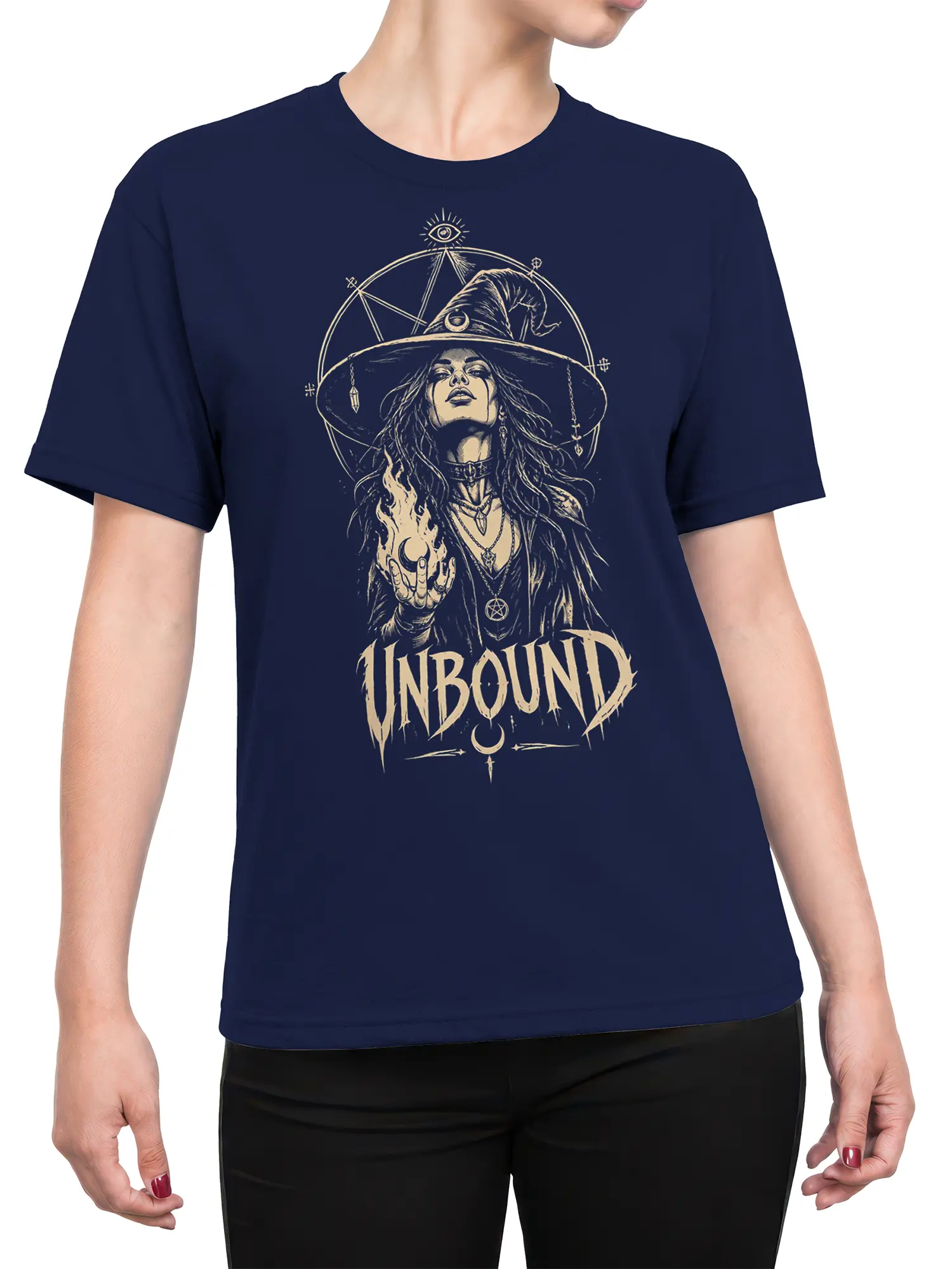 Female torso wearing a navy unbound witch T-shirt with mystical symbols, flames, and a large cream graphic