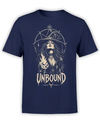 Unbound witch fantasy T-shirt in navy with flames, occult symbols, crescent moon, and cream artwork