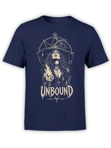 Unbound witch fantasy T-shirt in navy with flames, occult symbols, crescent moon, and cream artwork