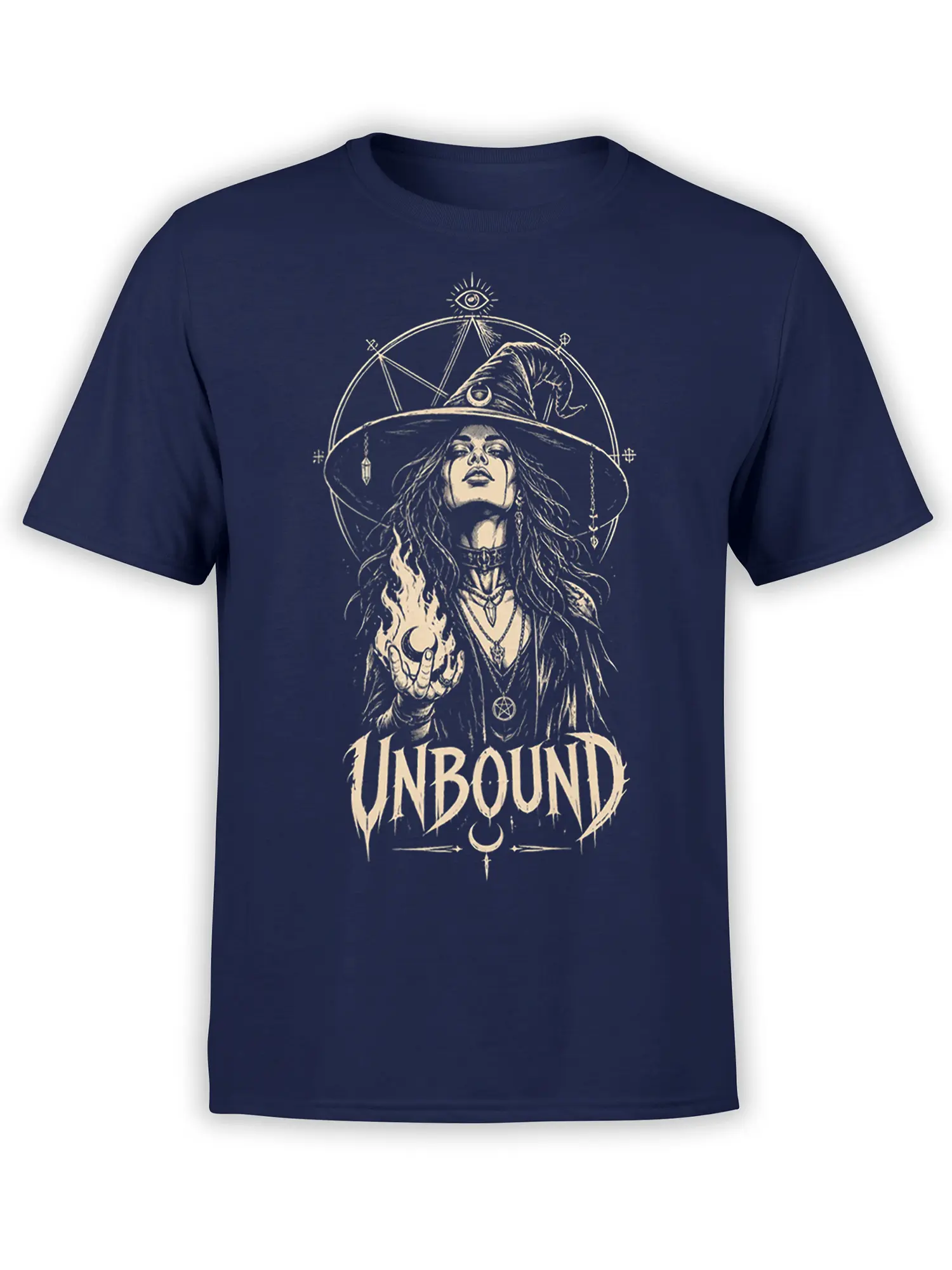 Unbound witch fantasy T-shirt in navy with flames, occult symbols, crescent moon, and cream artwork