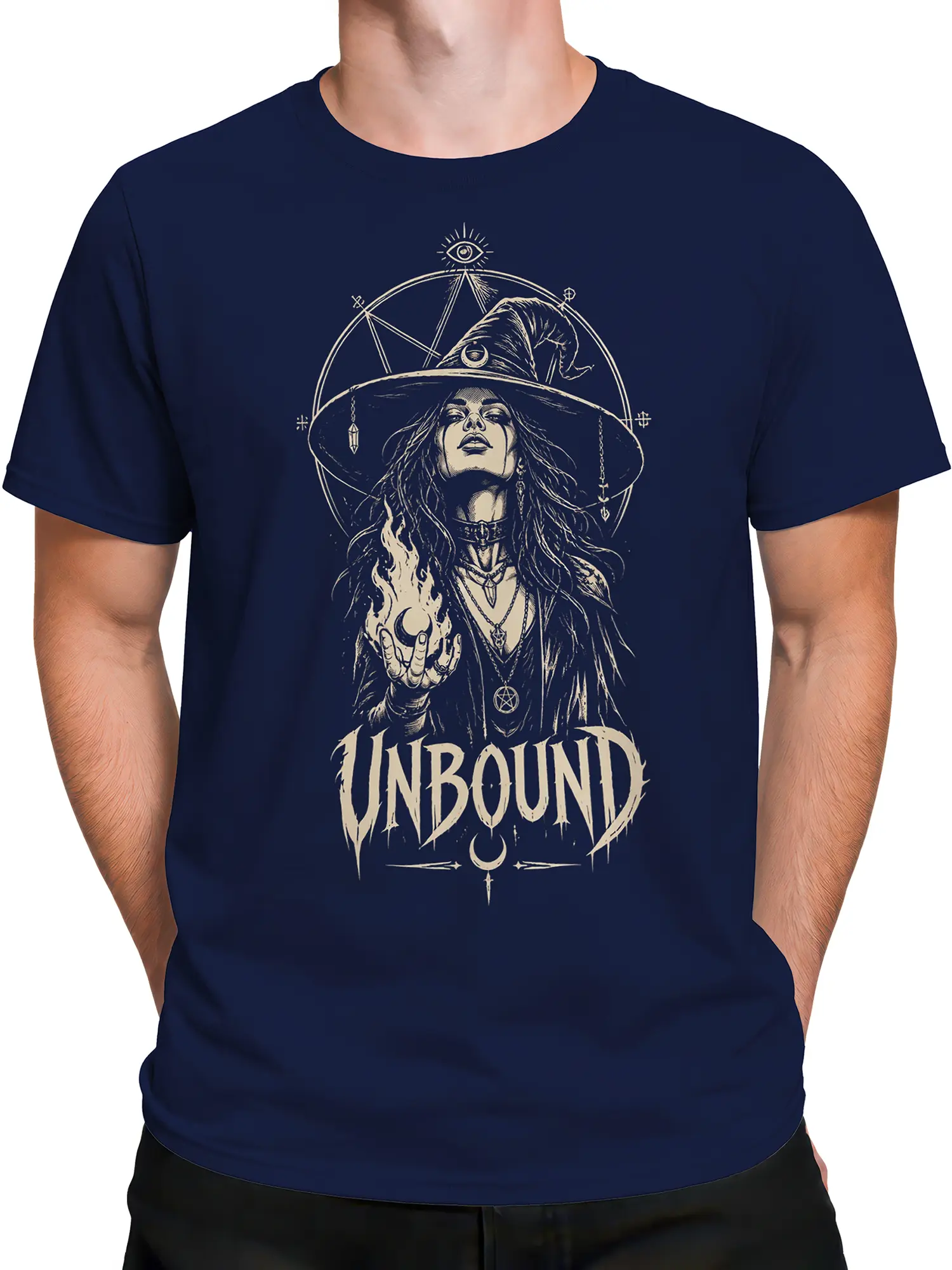 Male torso wearing a navy unbound witch fantasy T-shirt with a large cream occult graphic