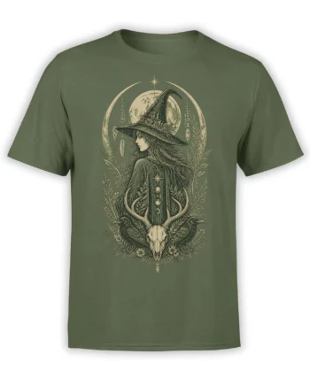 Olive green T-shirt with a vintage witch, full moon, ravens, deer skull, antlers, and botanical artwork