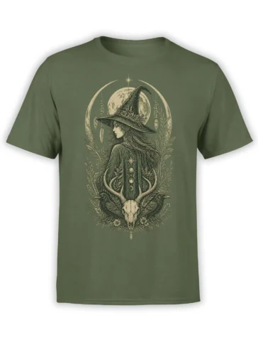 Olive green T-shirt with a vintage witch, full moon, ravens, deer skull, antlers, and botanical artwork