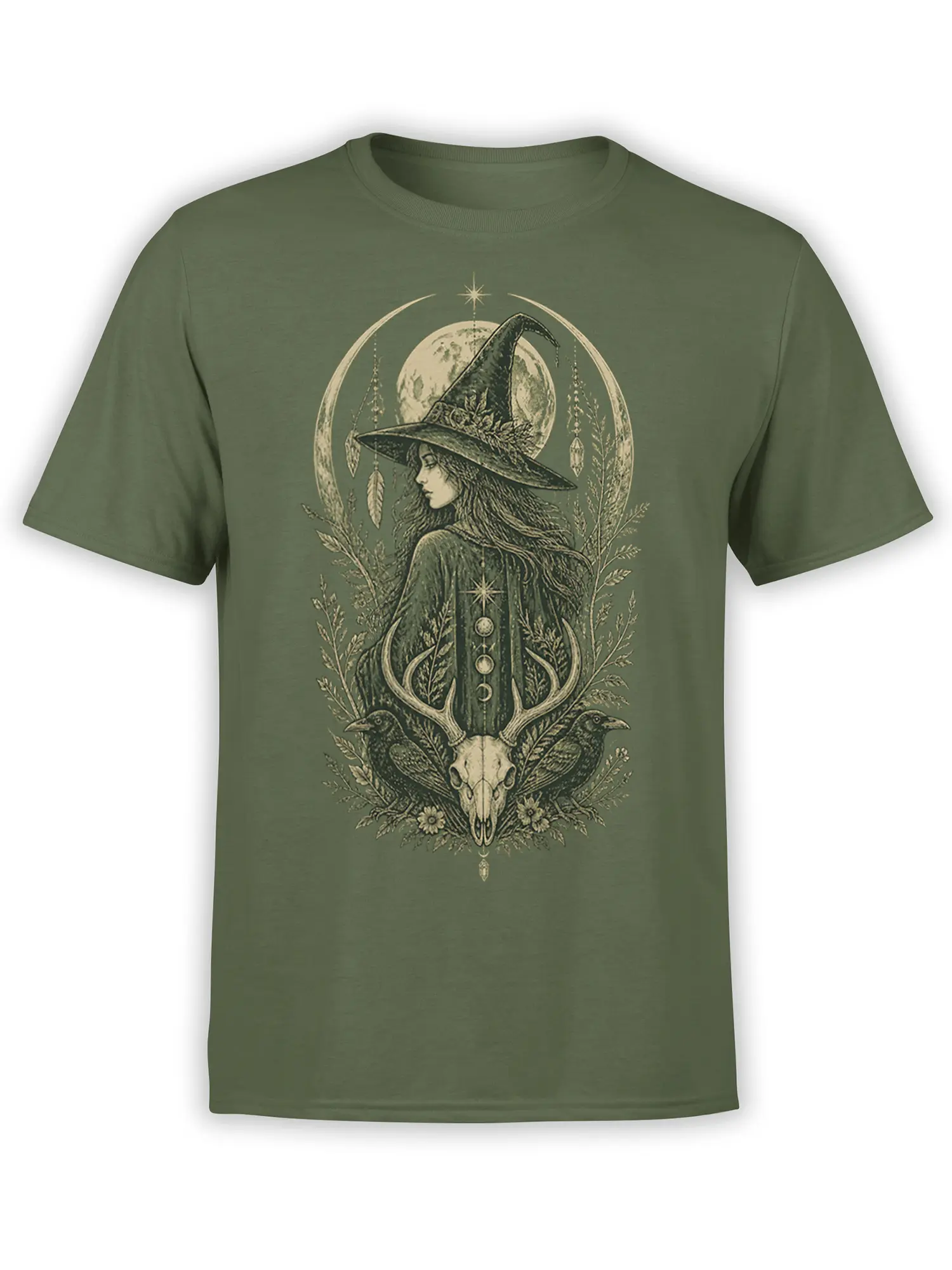Olive green T-shirt with a vintage witch, full moon, ravens, deer skull, antlers, and botanical artwork