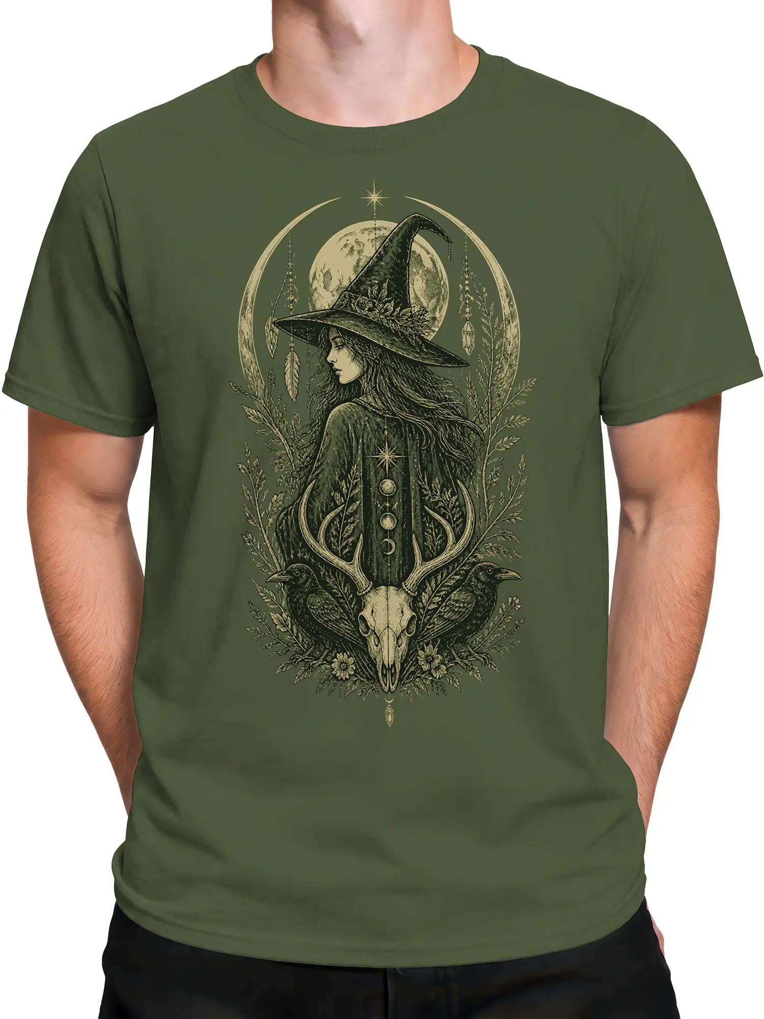Male torso wearing an olive green fantasy T-shirt with witch, moon, ravens, and deer skull design