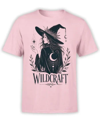 Pink witch T-shirt with a pointed hat, crescent moon, botanical branches, stars, and Wildcraft text