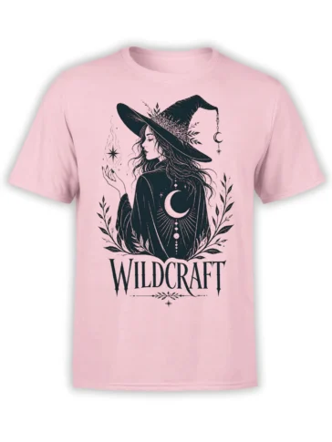 Pink witch T-shirt with a pointed hat, crescent moon, botanical branches, stars, and Wildcraft text