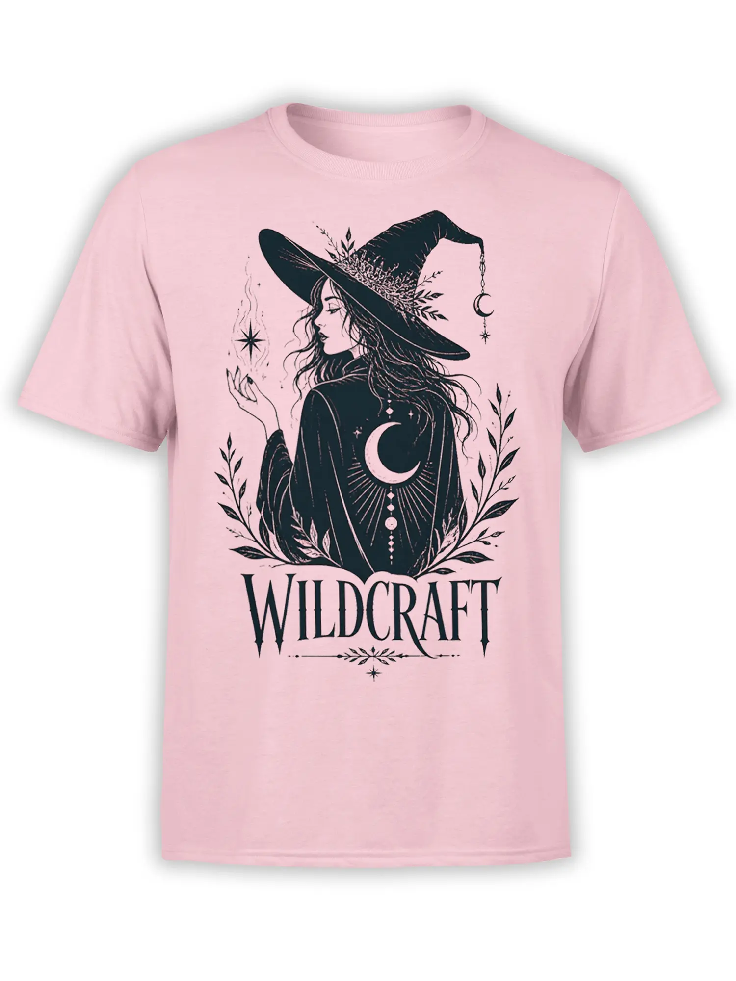 Pink witch T-shirt with a pointed hat, crescent moon, botanical branches, stars, and Wildcraft text