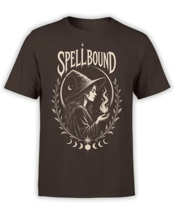 Brown witch t-shirt with cream Spellbound lettering, moon phases, stars, flame, and botanical details