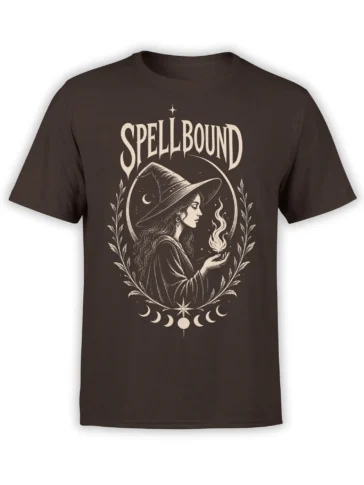 Brown witch t-shirt with cream Spellbound lettering, moon phases, stars, flame, and botanical details