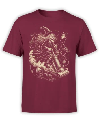Vintage witch and cat graphic with stars and a cleaning machine on a burgundy T-shirt