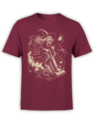 Vintage witch and cat graphic with stars and a cleaning machine on a burgundy T-shirt