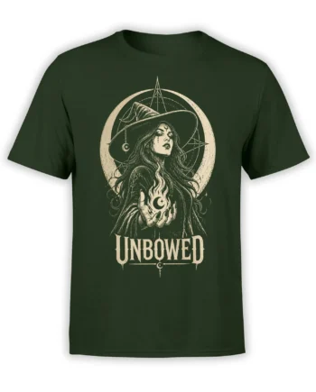 Unbowed witch holding a glowing moon orb on a dark green fantasy T-shirt