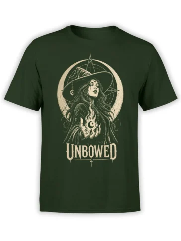 Unbowed witch holding a glowing moon orb on a dark green fantasy T-shirt