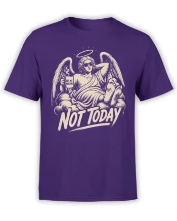 Purple angel T-shirt with halo, sunglasses, steaming mug, and bold “NOT TODAY” vintage lettering