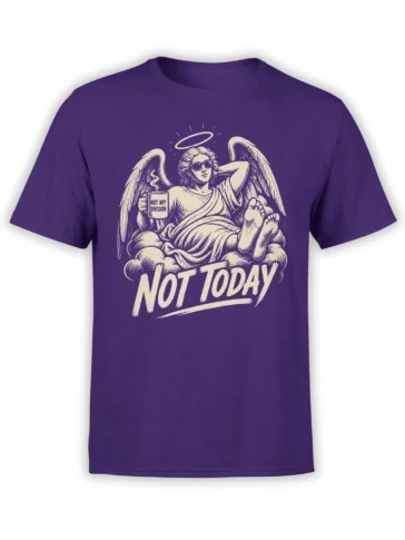 Purple angel T-shirt with halo, sunglasses, steaming mug, and bold “NOT TODAY” vintage lettering