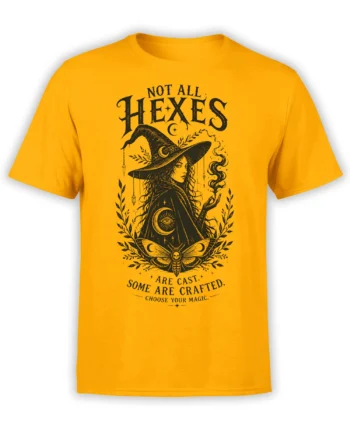 Yellow witch t-shirt with pointed hat, crescent moons, moth, and mystical “Choose Your Magic” artwork