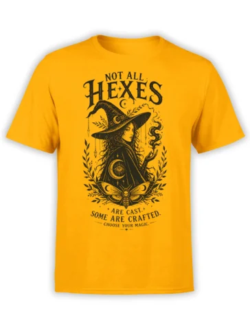 Yellow witch t-shirt with pointed hat, crescent moons, moth, and mystical “Choose Your Magic” artwork