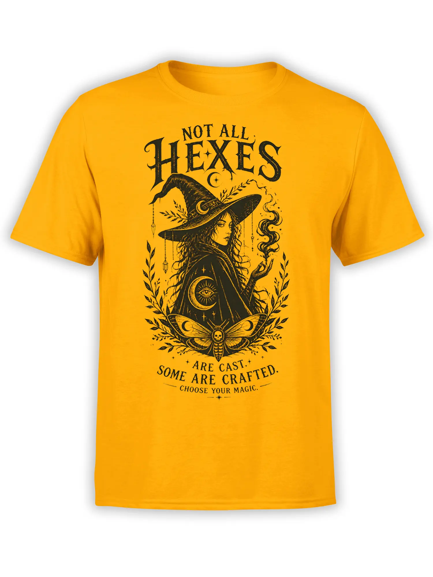 Yellow witch t-shirt with pointed hat, crescent moons, moth, and mystical “Choose Your Magic” artwork