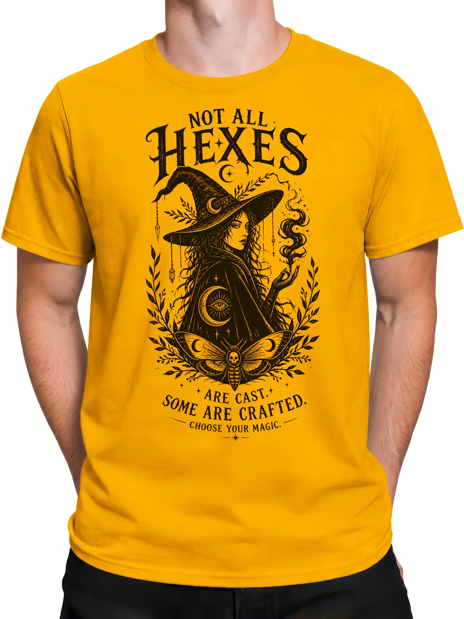 Male torso wearing a yellow witch t-shirt with vintage fantasy symbols and moth artwork